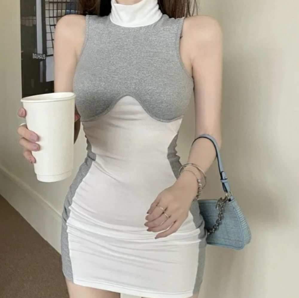 Grey and white Mock neck Bodycon mini dress L